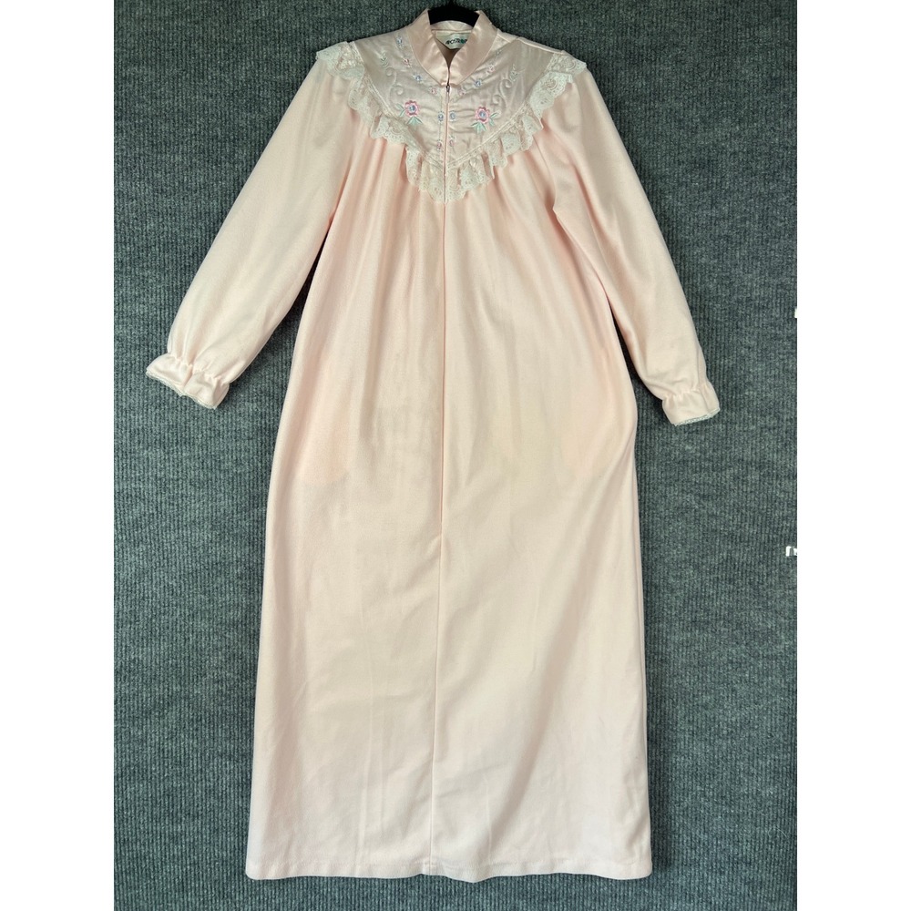 Vintage Sears Apostrophe Pink Maxi Robe M Lace Embroidered Cottagecore 54"